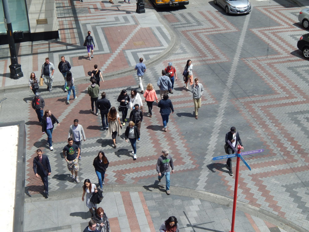 Pedestrians near Westlake Plaza in Seattle, by SDOT, used with a creative commons license.