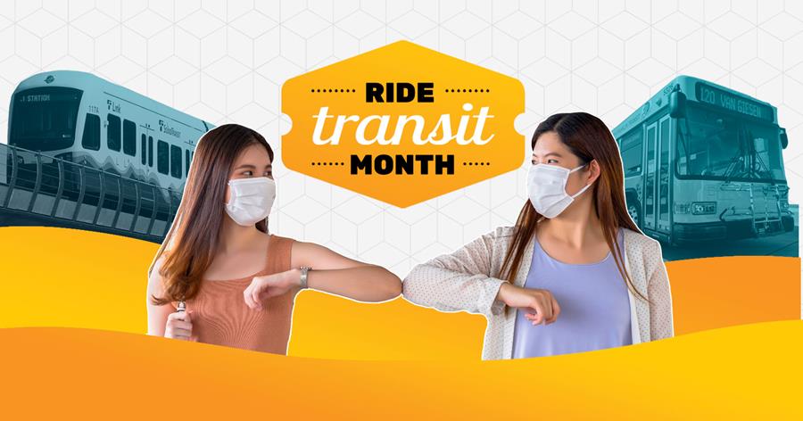 Two young women wearing facemasks bump elbows in front of text that reads "Ride Transit Month"