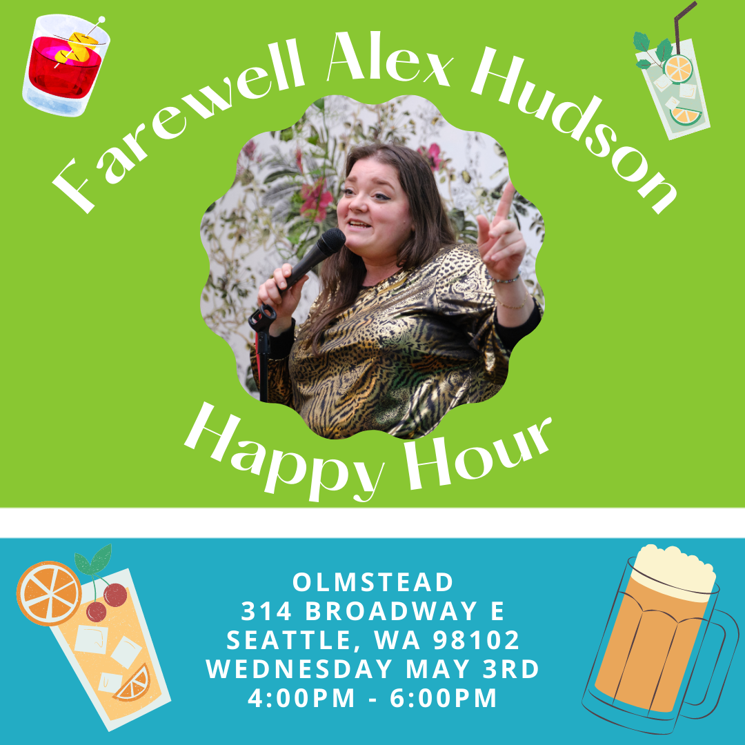 Image has details for the happy hour event. Graphics of drinks appear in each corner