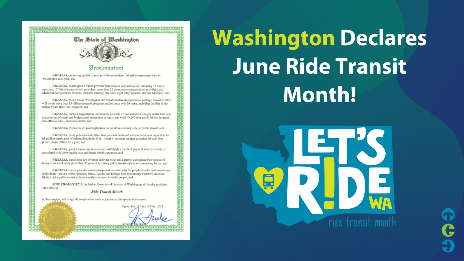 Image of Governor Inslee's "Ride Transit Month" proclamation next to the Ride Transit Month logo graphic