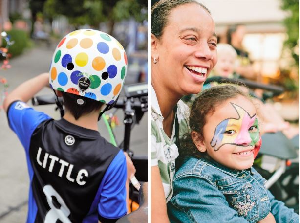Youth ride bikes or scooters (left) and enjoy face-painting (right) on streets closed for summer play. Photo Credit: SDOT 