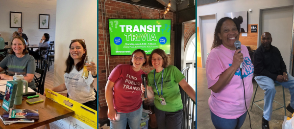Collage of three images from different Transit Trivia events. Left-most image shows 2 people sitting down wearing "The Future Takes Transit" t-shirts. Middle image shows 2 people wearing pro-transit t-shirts in front of a sign for transit trivia. Right-most image shows a person in a "Let's Ride, WA" pink t-shirt holding a microphone.