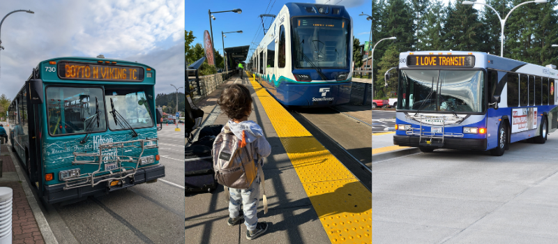 3 photo grid. Left: Kitsap Transit bus exterior view. Middle: child wearing a backpack looking at the link light rail. Right: Intercity Transit bus exterior view. Bus says "I love transit"