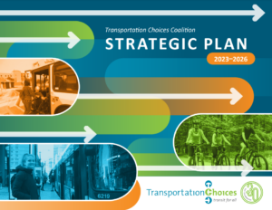 Cover of the Strategic Plan with images of people biking, waiting for the bus, and boarding the bus with a wheelchair. 
