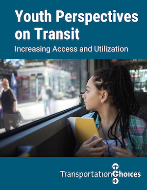 Cover of the Youth Perspectives on Transit Report with an image of a young woman looking out a bus window.
