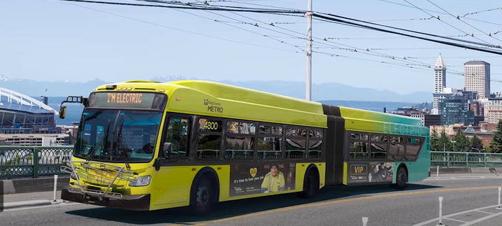 A rendering of the new electric bus colors (electric yellow and seafoam green) from King County Metro