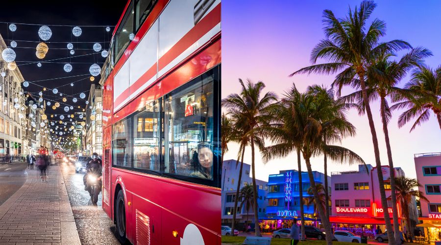Collage of a photo of a bus in London and palm trees in Miami