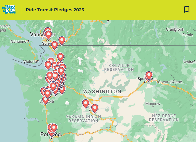 Map of people who pledged to ride transit in June 2023. 