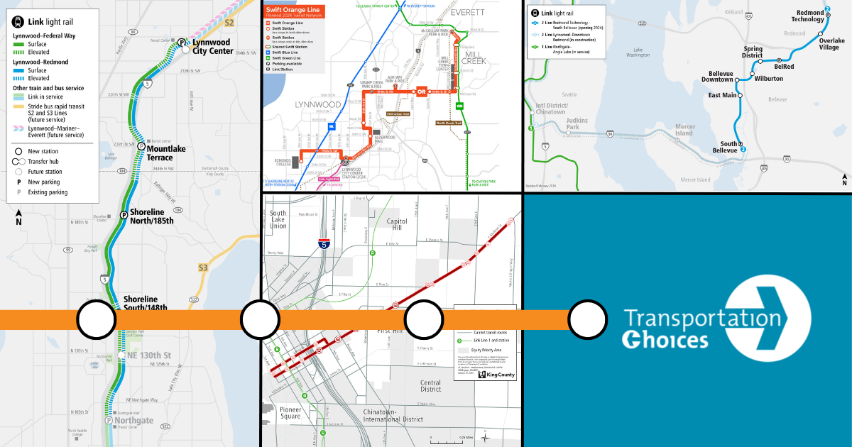 Route maps for transit openings in 2024 along with the image of a transit line with stops and the Transportation Choices Coalition logo. 