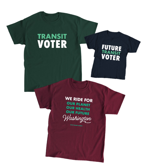 A green shirt that says "Transit Voter," a navy kid's shirt that says "Future Transit Voter," and a maroon shirt that says "We Ride for Washington" 