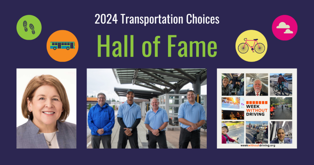 Photos of Mayor Lisa Brown, four Transit Safety Officers, and a collage of Week Without Driving participants.