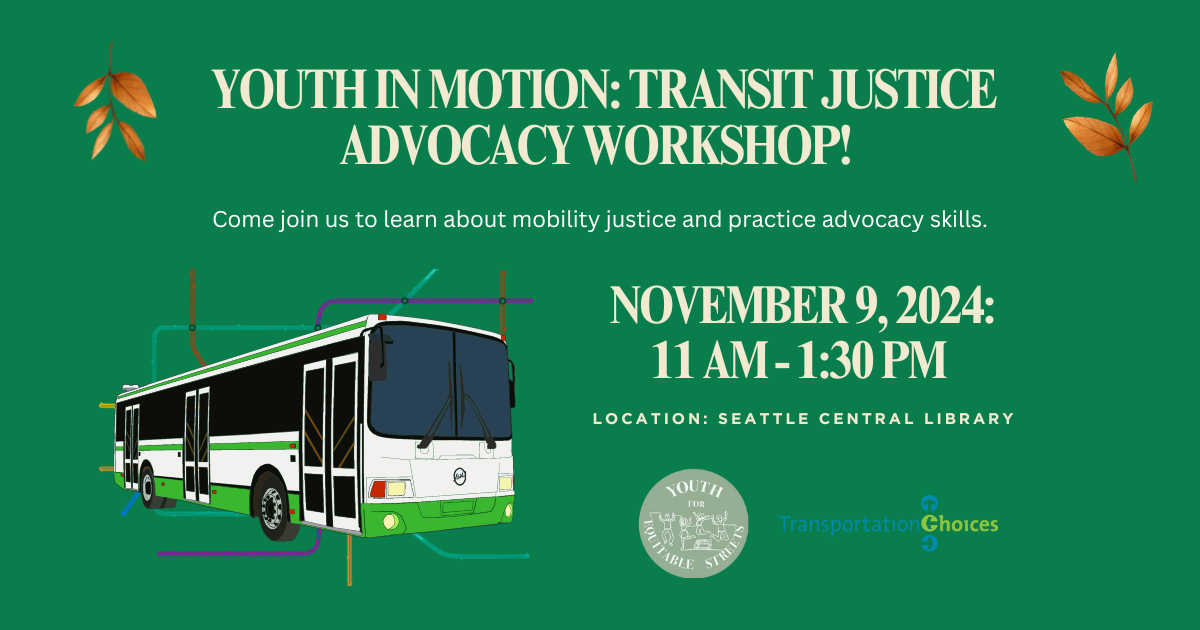 Animated image of bus with event name, 
Youth in Motion Youth Advocacy Workshop" and date, November 9 11-1:30