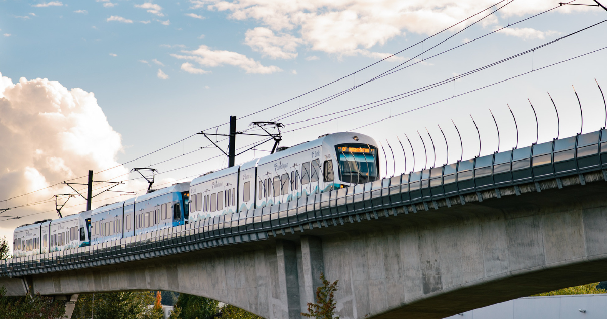 Link light rail train on an elevated track. 