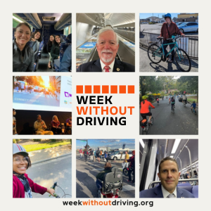 Collage showing Week Without Driving participant biking or riding the bus and light rail. 