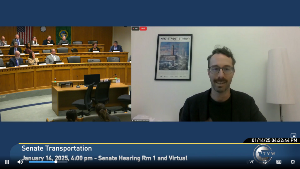 Screen capture of the Senate Transportation Committee Hearing with Kirk Hovenkotter giving testimony.