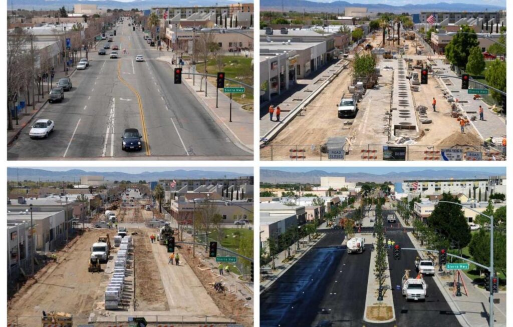 Four photos of a street being repaved and redesigned for safety. 
