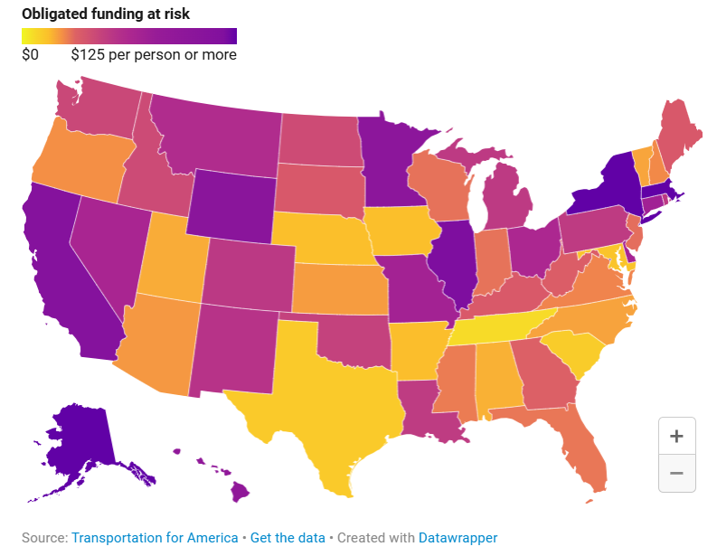 Map of the U.S. with a gradient of how much transportation funding is at risk from potential USDOT cuts by state. Washington is in the middle of the lower half of the gradient. 