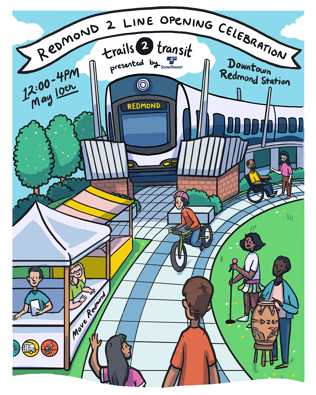 Poster for Move Redmond's Trails 2 Transit event, showing people walking, biking, rolling, and tabling near a new light rail stop. 