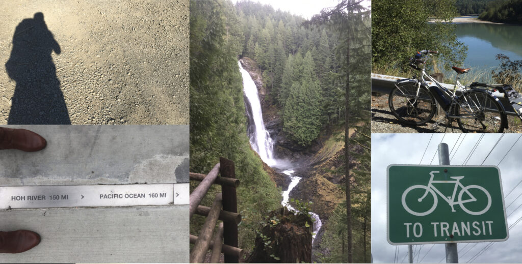 Image collage of a waterfall, a bike, and a sign showing the way to 