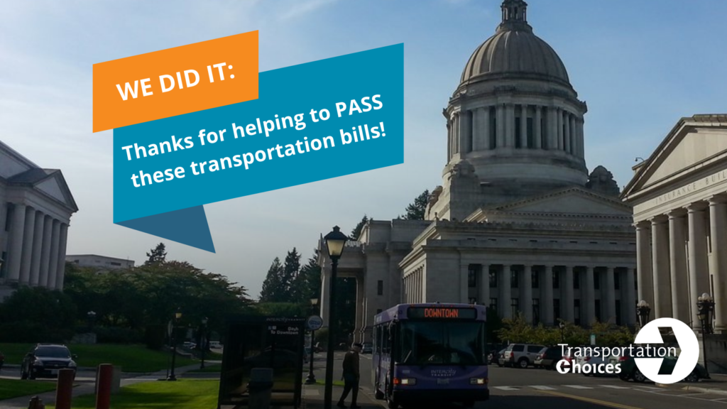 Photo of the Capitol Building in Olympia with a bus in the foreground and text: