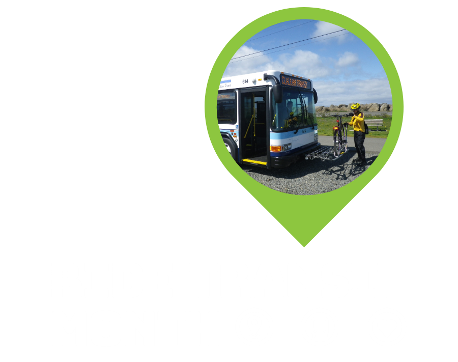 Destination pin with a picture of a bus and a bike in it and the Ride Transit Month logo.