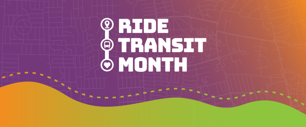 Ride Transit Month logo on top of a city grid background image with a wavy shape along the bottom.