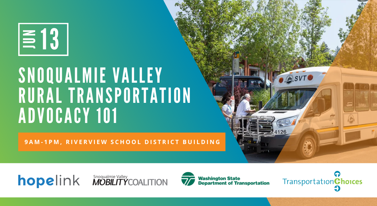 Snoqualmie Valley Rural Transportation Advocacy 101 (3) Photo of paratransit vehicle with event information in text.