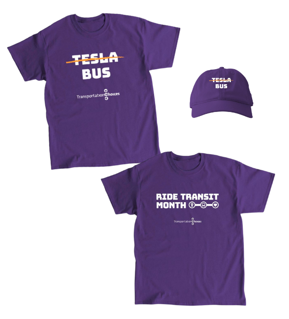 A green shirt that says "Transit Voter," a navy kid's shirt that says "Future Transit Voter," and a maroon shirt that says "We Ride for Washington" 