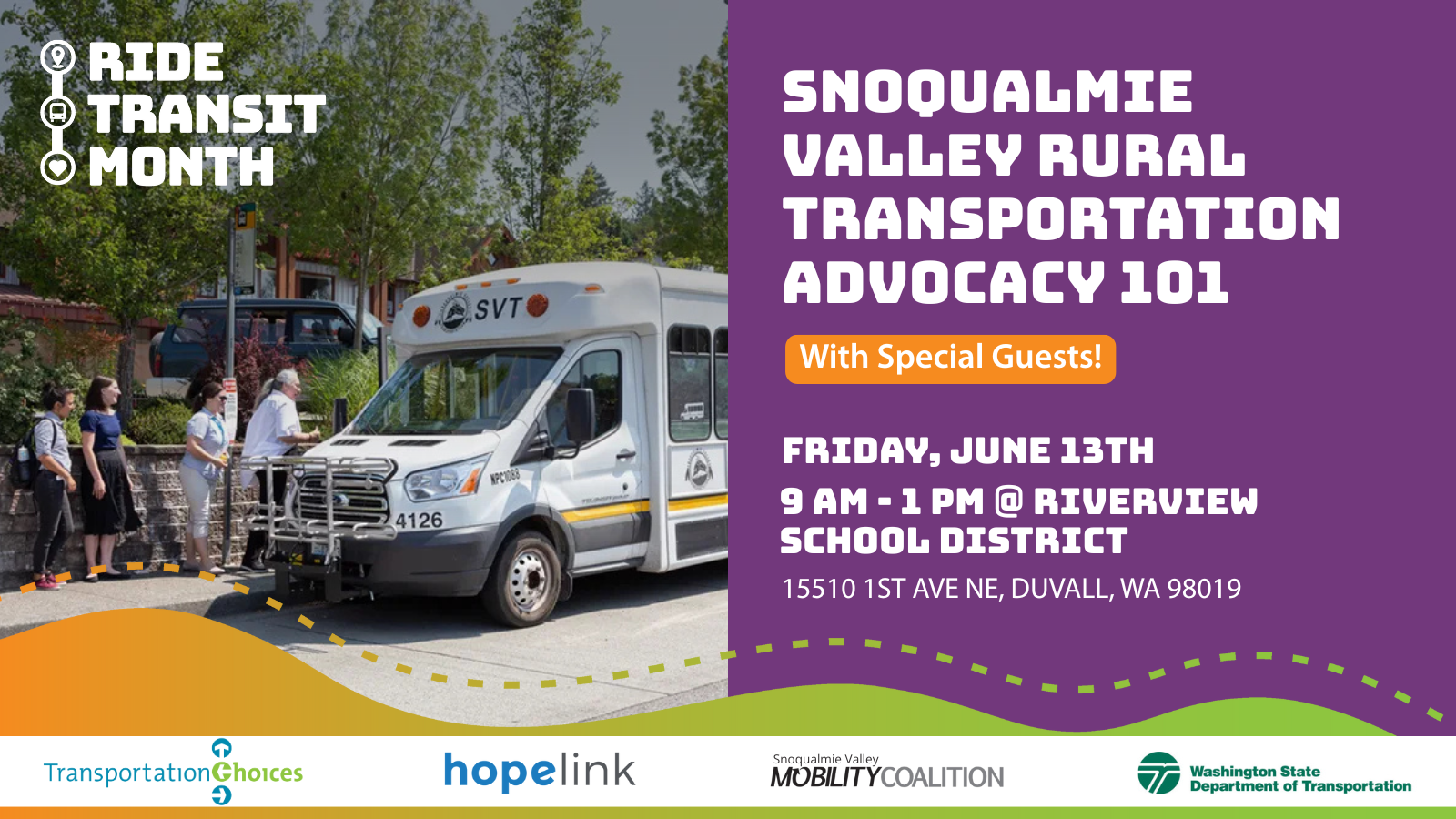Lunch and Letter Writing Training, Wed. June 26, 12-1 PM via Zoom, with TCC's Kelsey Mesher and No on 2117's Mark Prentice. Includes TCC logo, We Ride for Washington (Ride Transit Month 2024) logo, and the No on 2117 logo.