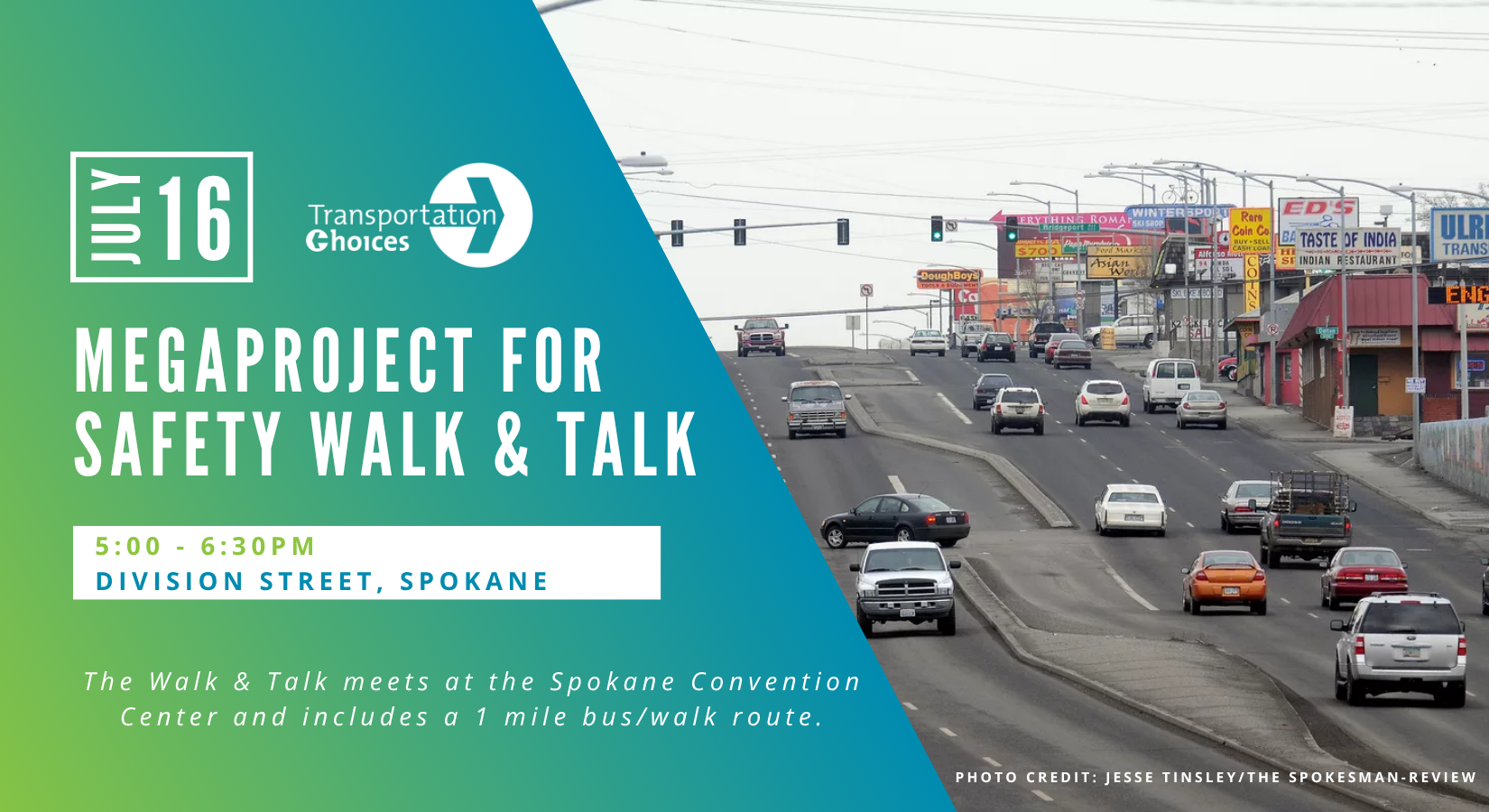 Spokane Walk and Talk (5) Image showing traffic and storefronts along Division Street in Spokane with text about event details.