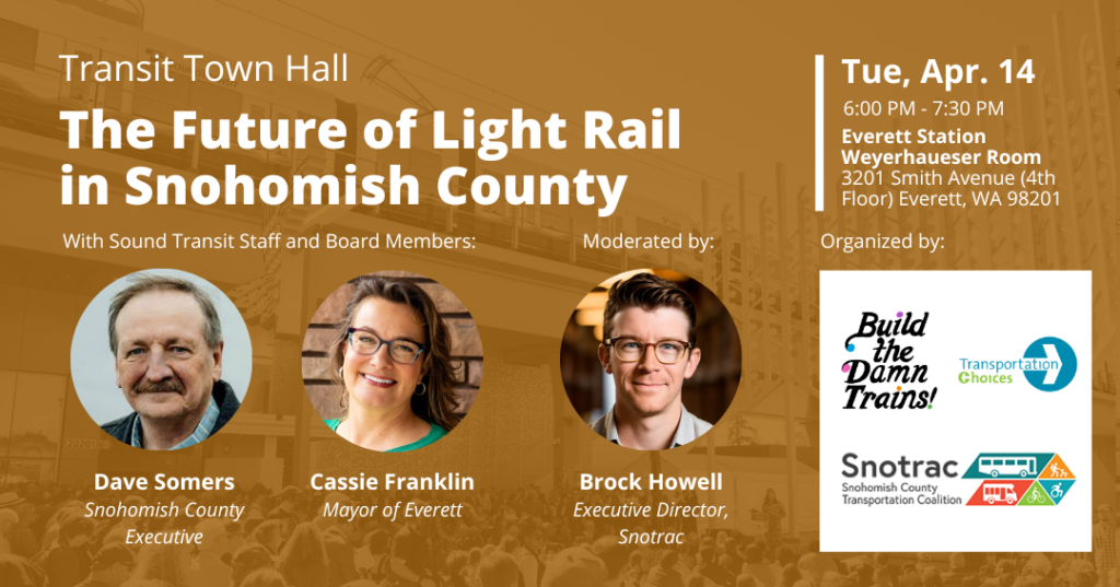 Event graphic featuring headshots of the panelists and moderator on top of a green background. A translucent image of a light rail train overlays the background behind white event text, which includes the event name, date, time, location, and featured speakers.