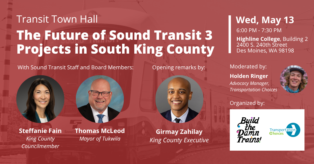 Event graphic featuring headshots of the panelists and moderator on top of a green background. A translucent image of a light rail train overlays the background behind white event text, which includes the event name, date, time, location, and featured speakers.