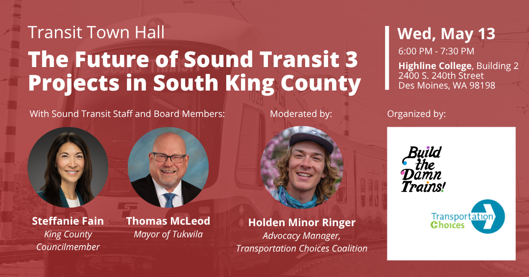 Event graphic featuring headshots of the panelists and moderator on top of a green background. A translucent image of a light rail train overlays the background behind white event text, which includes the event name, date, time, location, and featured speakers.