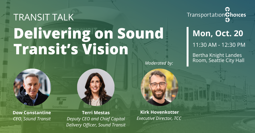 Event graphic featuring headshots of the panelists and moderator on top of a green background. A translucent image of a light rail train overlays the background behind white event text, which includes the event name, date, time, location, and featured speakers.