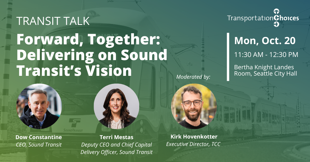 Event graphic featuring headshots of the panelists and moderator on top of a green background. A translucent image of a light rail train overlays the background behind white event text, which includes the event name, date, time, location, and featured speakers.