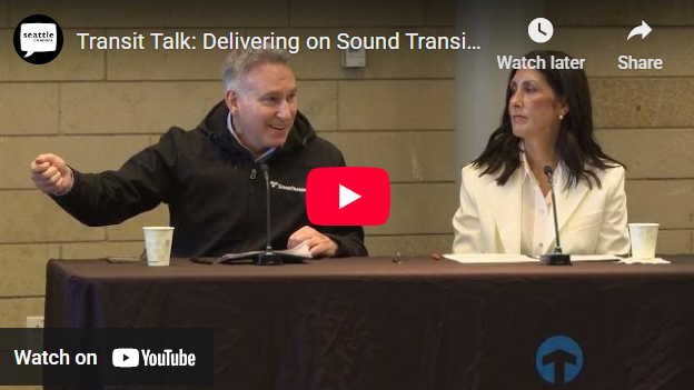 Dow Constantine and Terri Mestas sit at a table for a Transit Talk.