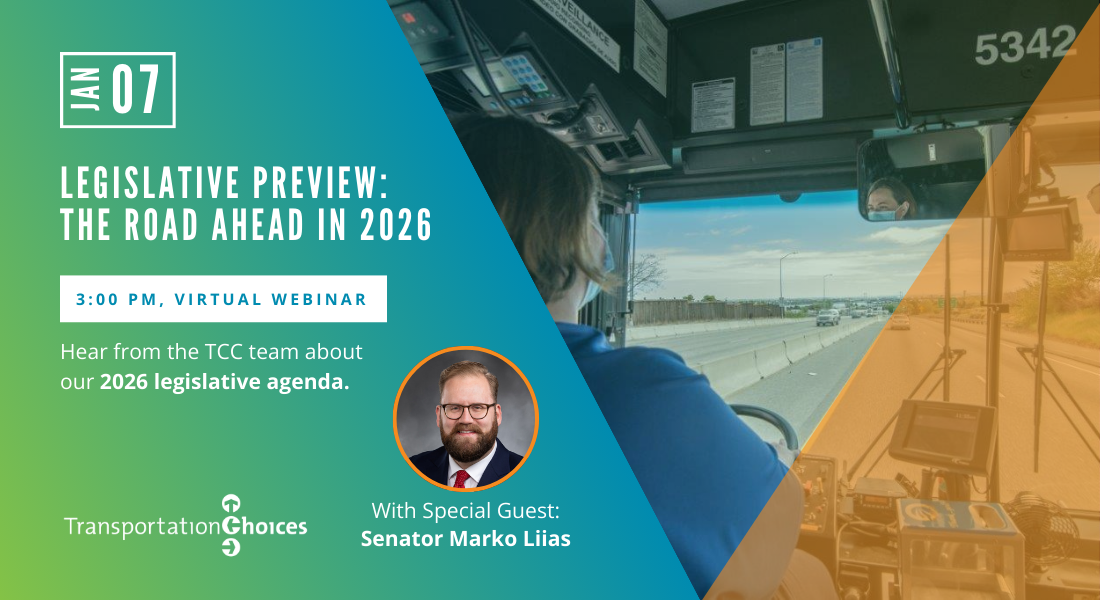 Graphic for the TCC Legislative Kick Off with a photo of Sen. Mark Liias (a special guest at the event) and a background photo of the view out a bus operator's window.