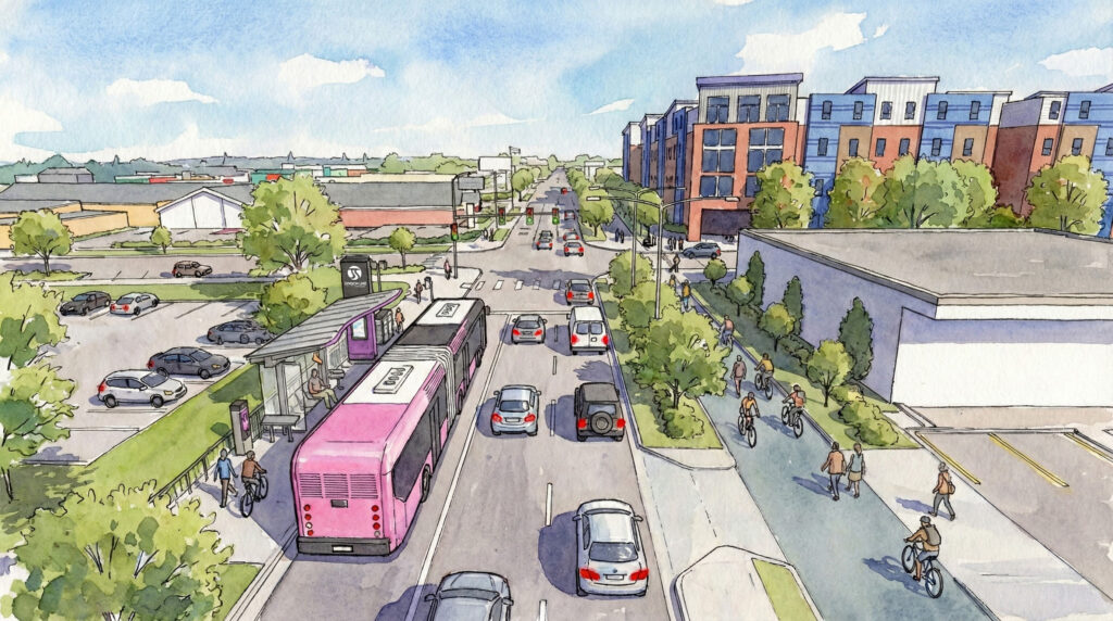 An illustrated rendering of a street with a rapid ride bus, people biking on a protected bikeway, and two lanes of traffic. 