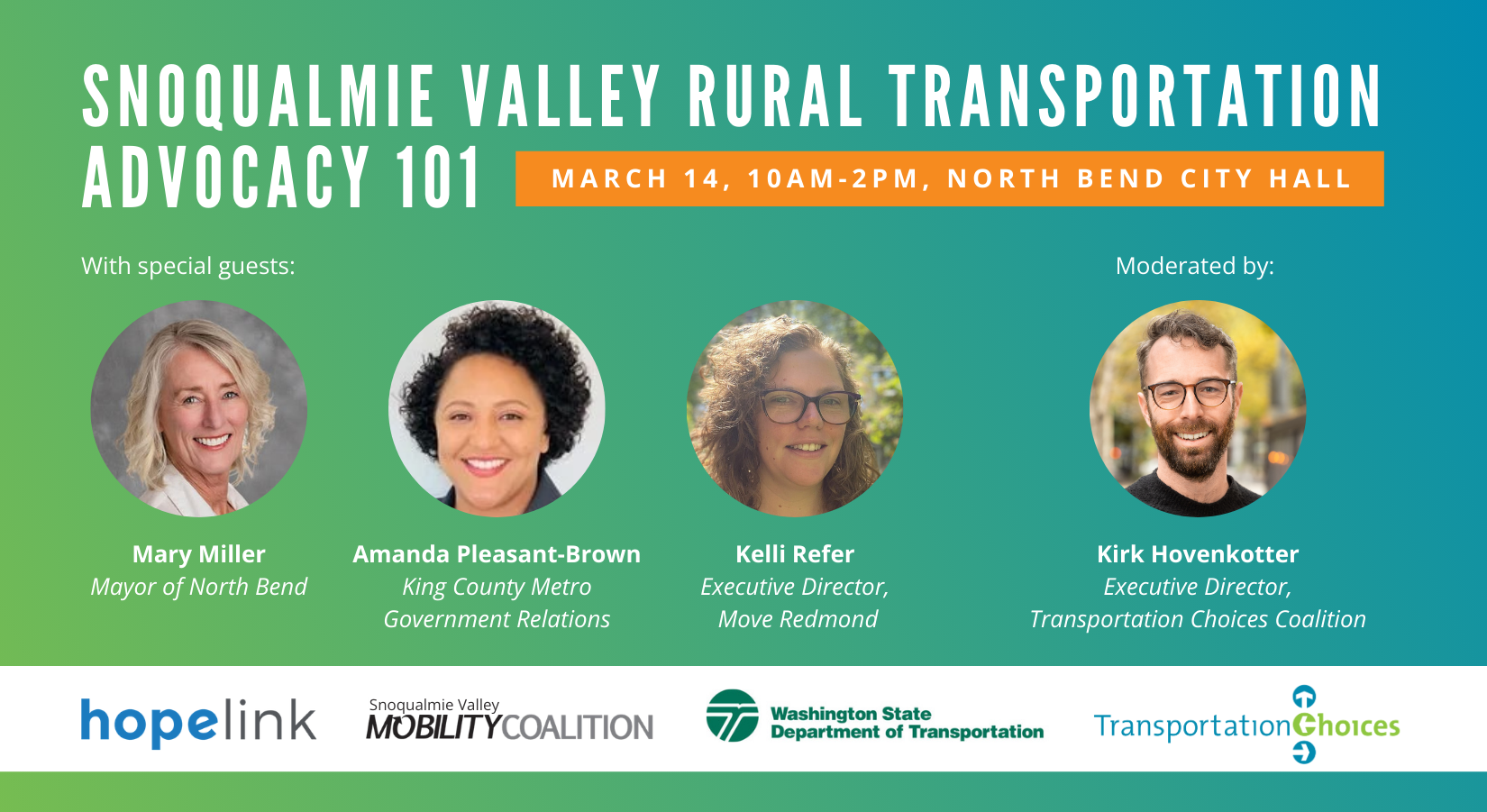 People board a Snoqualmie Valley Transportation bus, with event details overlaid on the image.