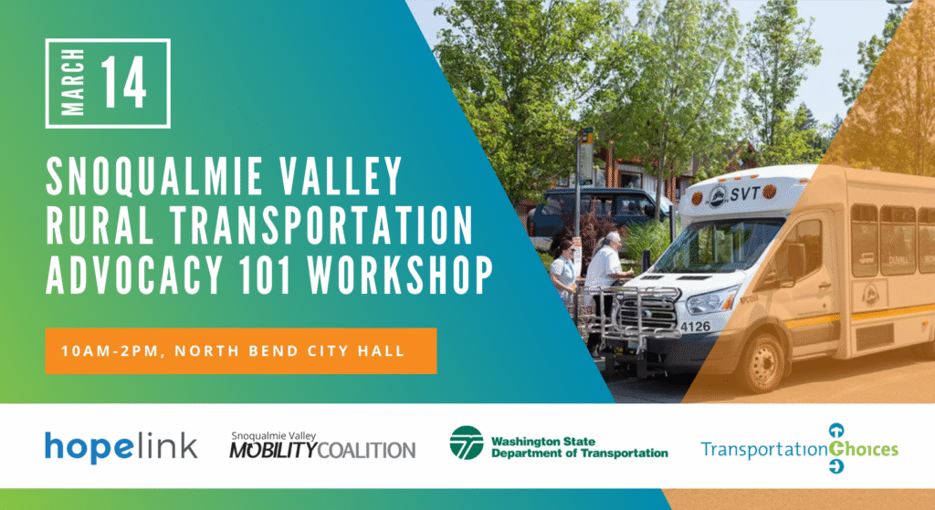 People board a Snoqualmie Valley Transportation bus, with event details overlaid on the image.