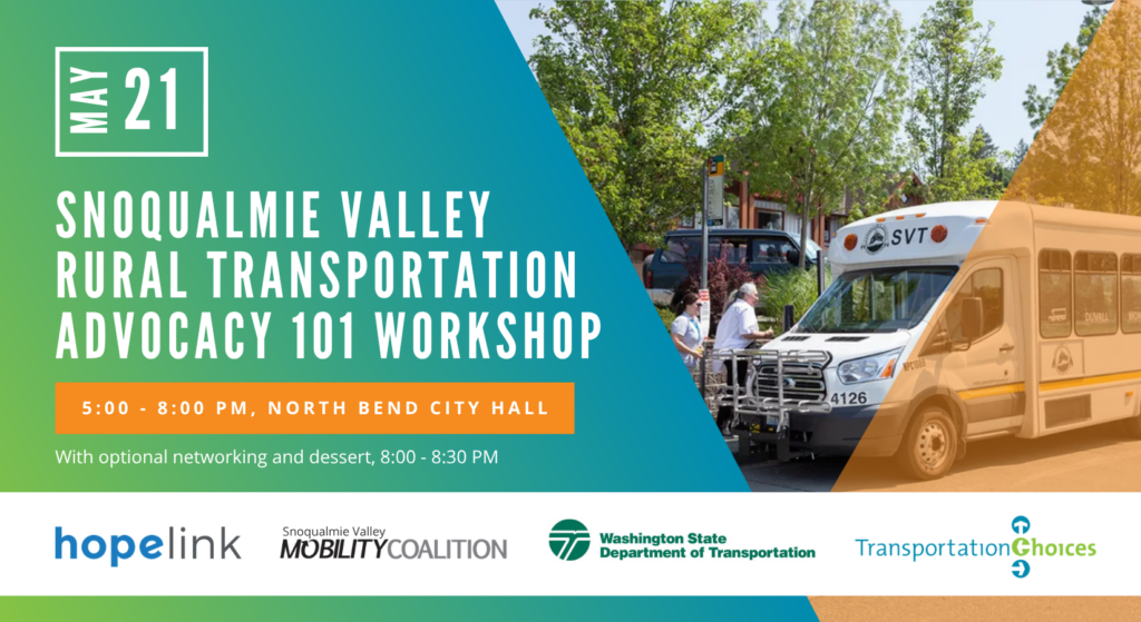 People board a Snoqualmie Valley Transportation bus, with event details overlaid on the image.