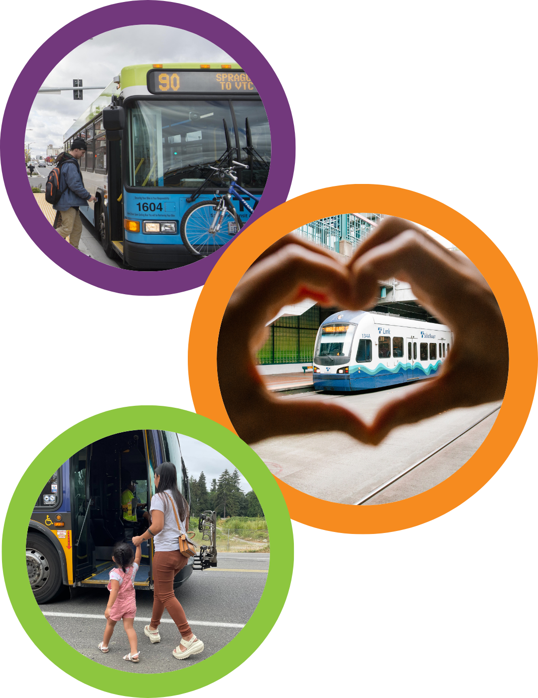 RTM-collage Circles with a bus, a light rail train enclosed by two hands making a heart, and a mom and daughter getting on a bus.