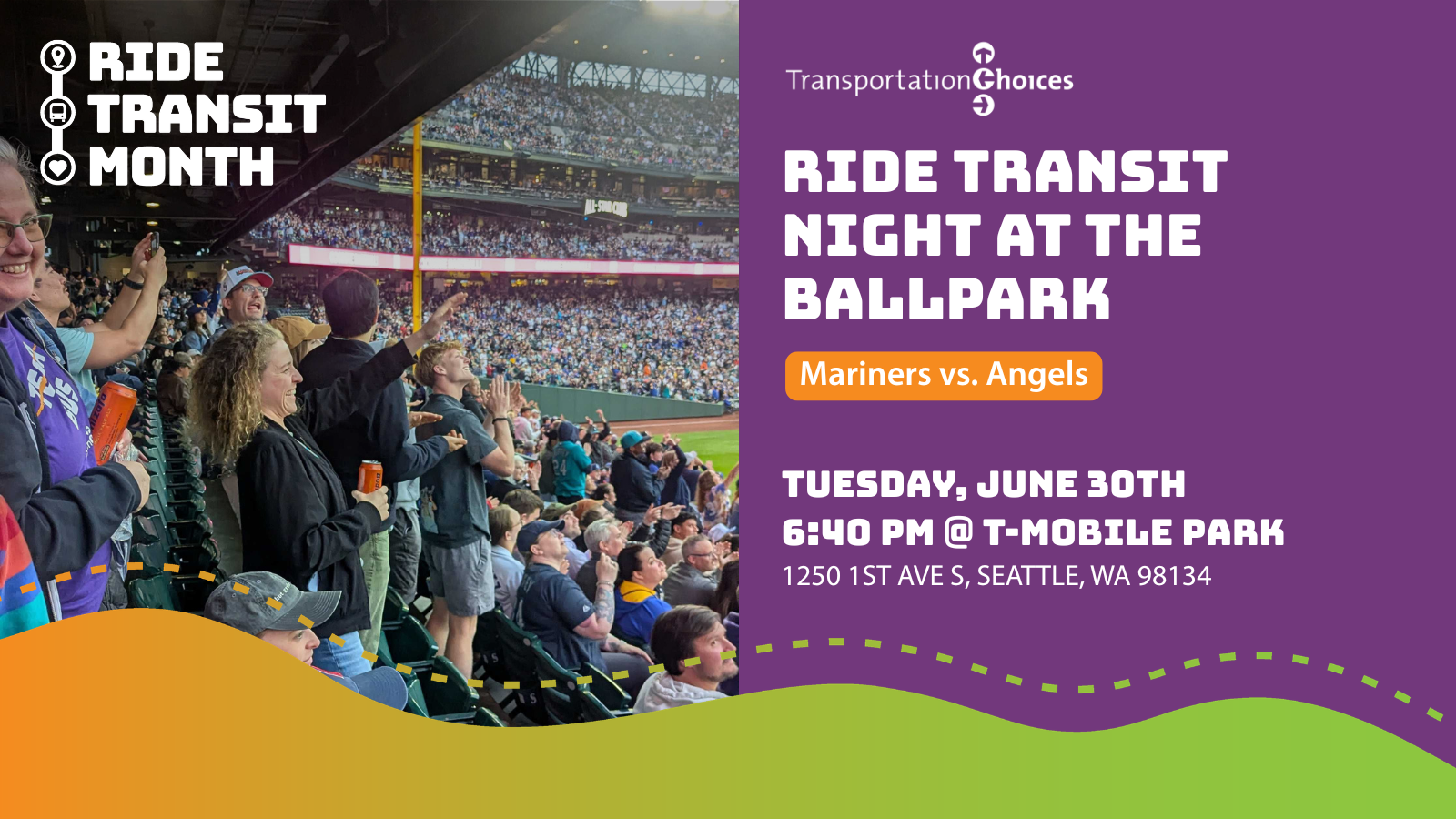 Photo of transit fans in the stadium with the Ride Transit Month logo and text that says "Ride Transit Night at the Ballpark"
