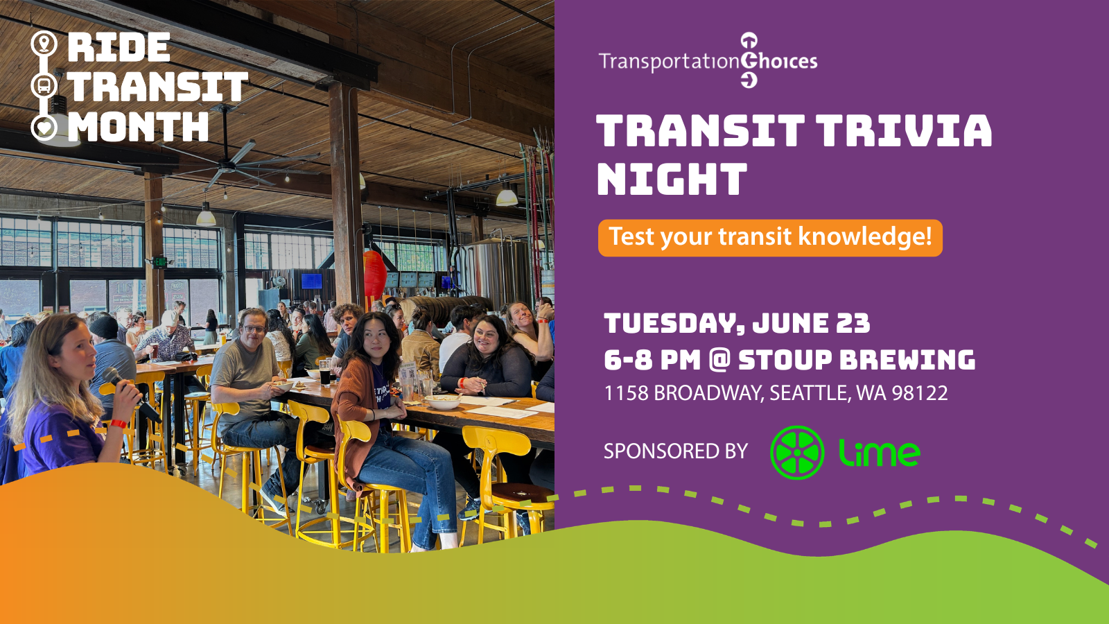 A photo of a trivia team sitting around a table with the Ride Transit Month logo and event details in text.