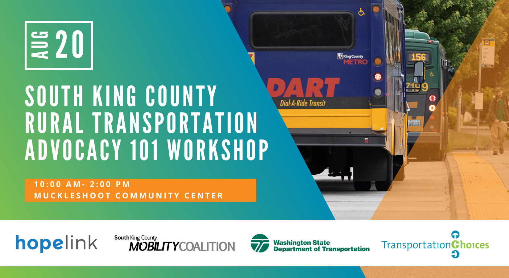 King County Metro buses are pictured near a bus stop, with event details for the South King County Rural Transportation Advocacy 101 Workshop overlaid on the image.