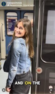 A woman smiles as she gets on the light rail. Text: "...and on the"