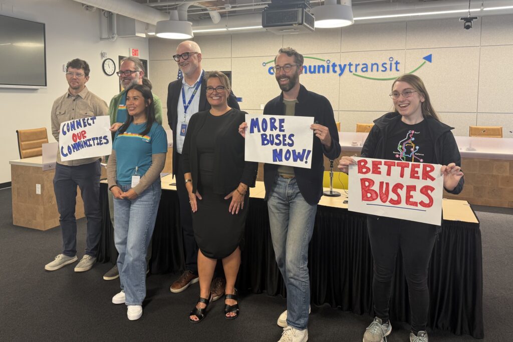 TCC's Kirk Hovenkotter attends a Community Transit meeting with Everett Mayor Cassie Franklin, Community Transit CEO Ric Ilgenfritz, and other advocates.