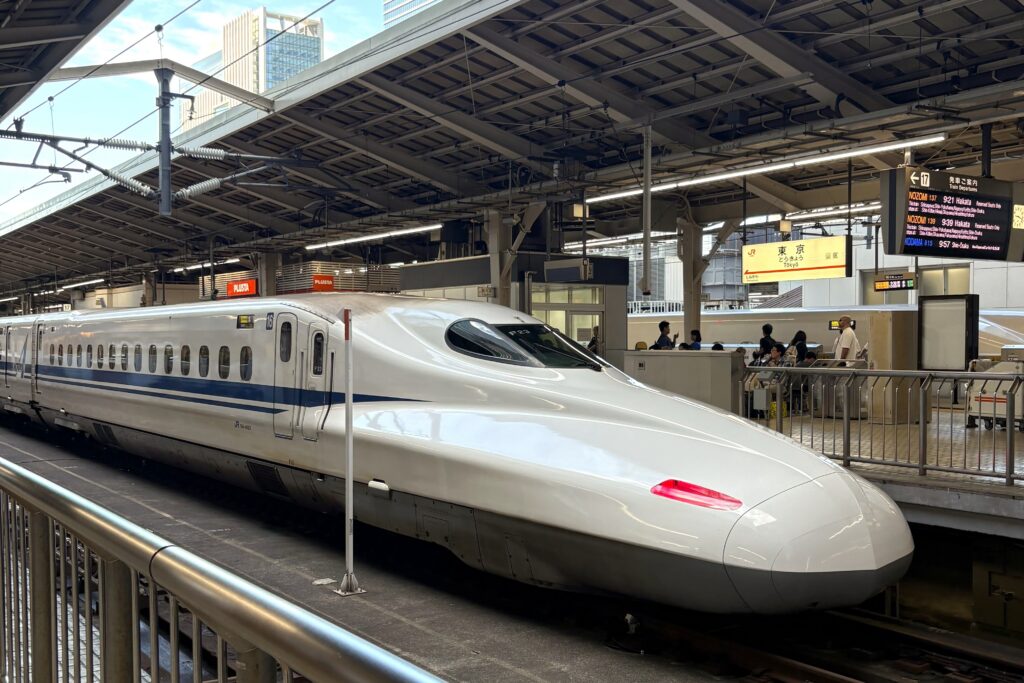 A bullet train at a station in Japan. 